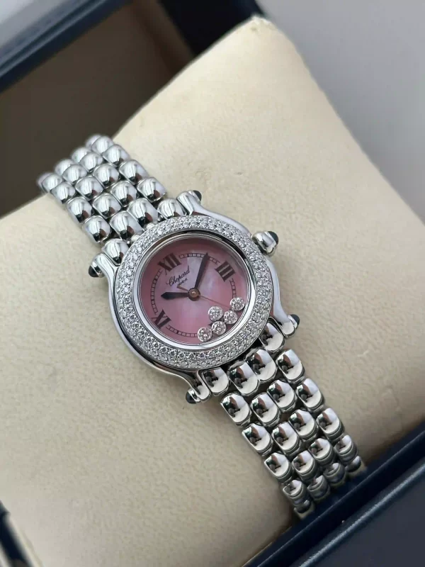 Vintage-Chopard-Happy-Sport-Watch-Stainless-Steel-Diamond-Pink-MOP-Dial