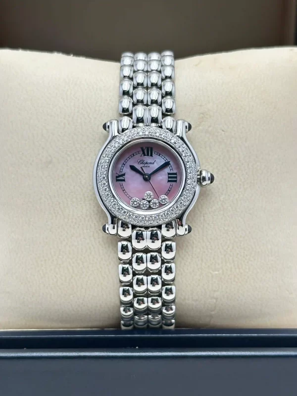 Vintage-Chopard-Happy-Sport-Watch-Stainless-Steel-Diamond-Pink-MOP-Dial-Front
