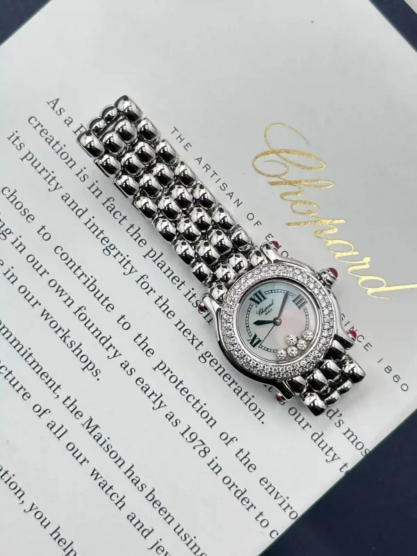 Vintage-Chopard-Happy-Sport-Watch-Stainless-Steel-Diamonds-White-MOP-Dial-Small