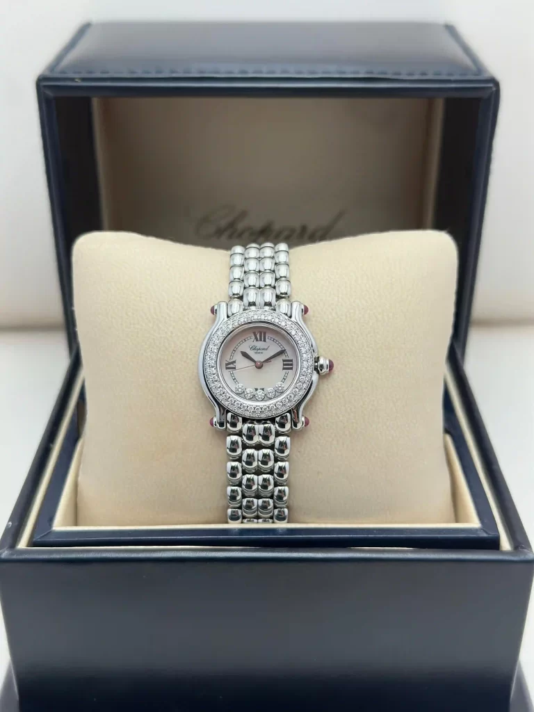 Vintage-Chopard-Happy-Sport-Watch-Stainless-Steel-Diamonds-White-MOP-Dial-Small-Front-Box