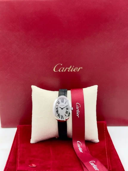 Cartier-Baignoire-Watch-Small-Model-3065-18k-White-Gold-Black-Leather-Front
