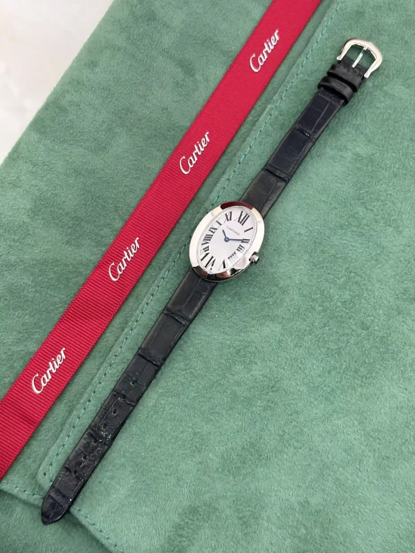 Cartier-Baignoire-Watch-Small-Model-3065-18k-White-Gold-Black-Leather-Up
