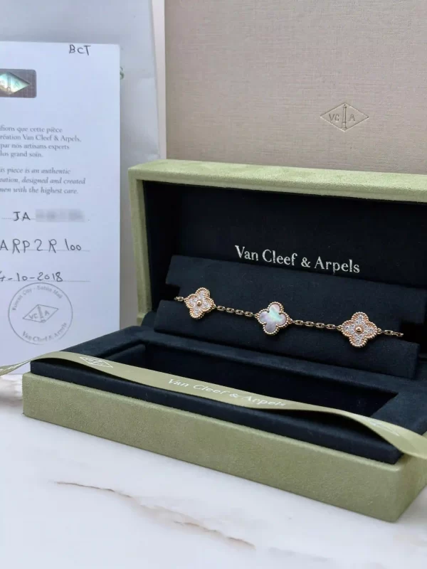 Van-Cleef-Arpels-Alhambra-Bracelet-VCARP2R100-18k-Rose-Gold-5-Motifs-Gray-MOP-Authentic