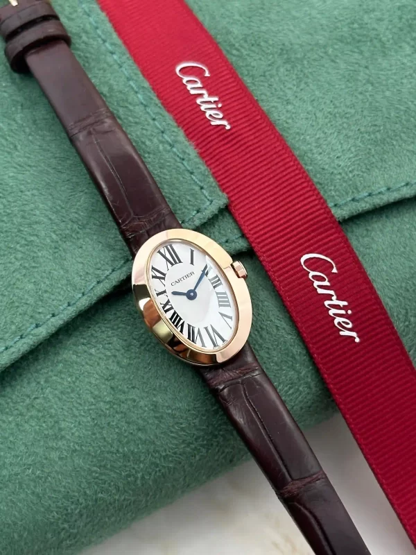 Cartier-Baignoire-Watch-Mini-Model-W8000017-18k-Rose-Gold-Silver-Dial-Leather