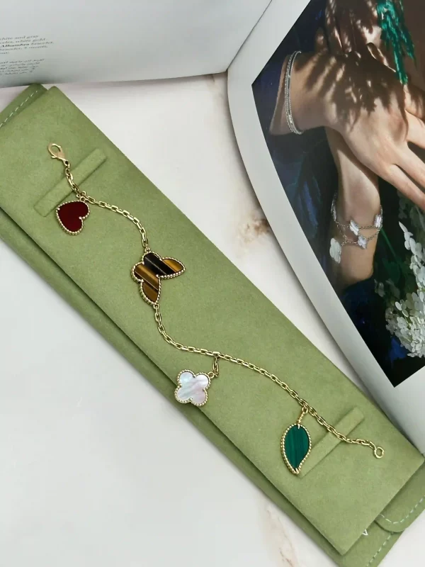 Lucky-Alhambra-Bracelet-VCARD79600-18k-Yellow-Gold-MOP-Malachite-Canelian-Tiger-Eye