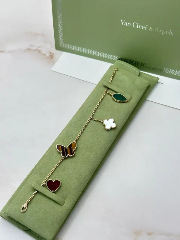 Lucky-Alhambra-Bracelet-VCARD79600-Yellow-Gold-MOP-Malachite-Canelian-Tiger-Eye