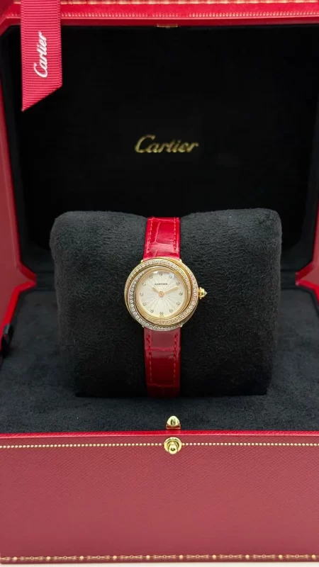 Cartier-Trinity-Diamond-Watch-18k-Rose-Yellow-White-Gold-Red-Leather-Front