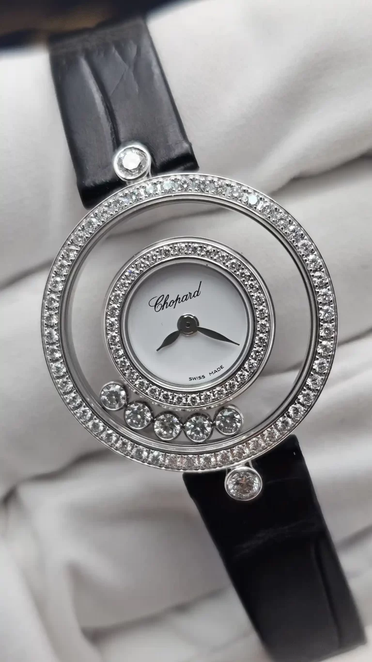 Chopard Happy Diamonds Watch 203957-1201 front view with white dial and moving diamonds