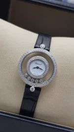 Chopard Happy Diamonds Watch 203957-1201 with black leather strap and quartz movement