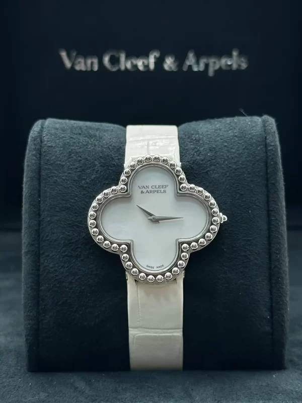 Van-Cleef-Arpels-Vintage-Alhambra-Watch-Medium-Model-18k-White-Gold-MOP-Dial-Leather-Front