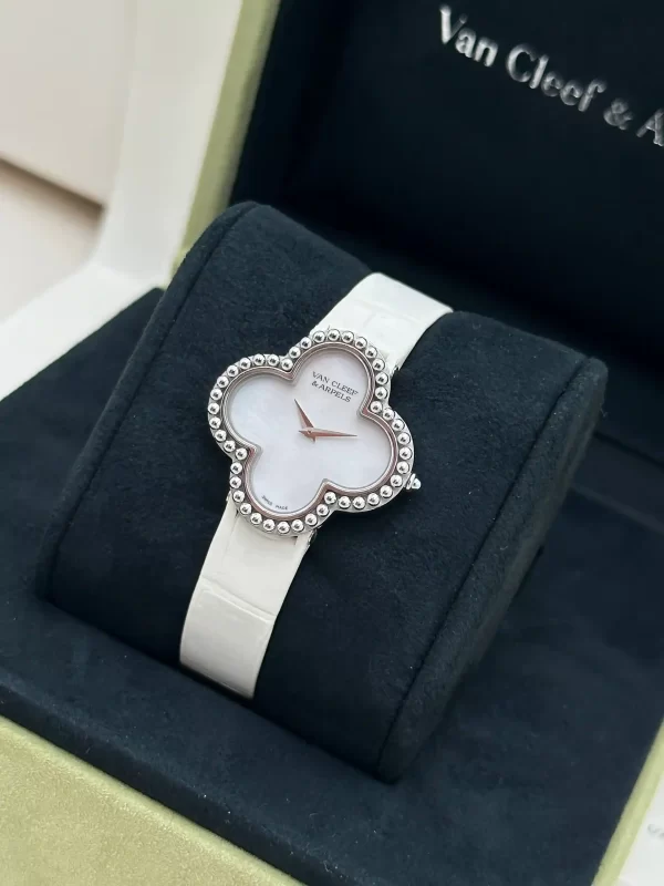 Van-Cleef-Arpels-Vintage-Alhambra-Watch-Medium-Model-18k-White-Gold-MOP-Dial-Quartz-Box