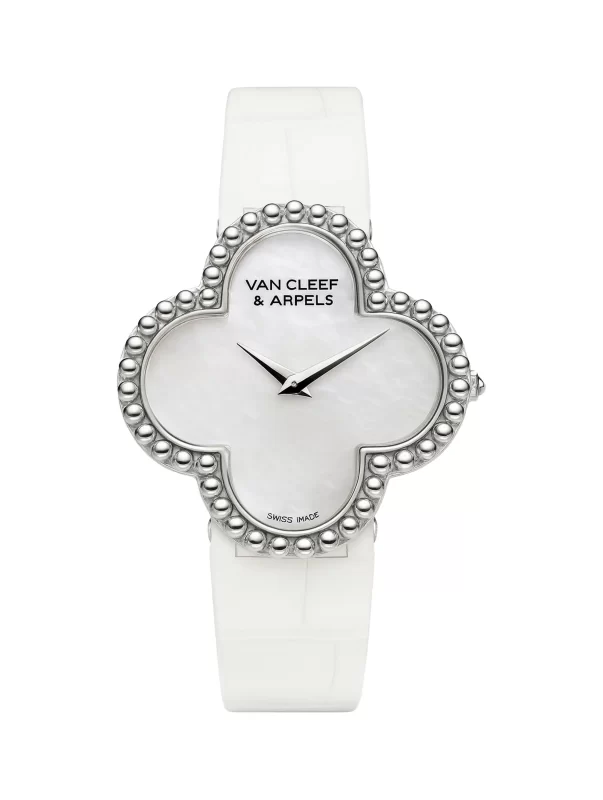 Van-Cleef-Arpels-Vintage-Alhambra-Watch-Medium-Model-18k-White-Gold-MOP-Dial-Quartz-Leather