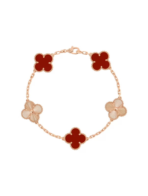 Van-Cleef-Arpels-Vintage-Alhambra-5-Motifs-Bracelet-VCARP7RP00-Pink-Gold-Carnelian-Guilloche