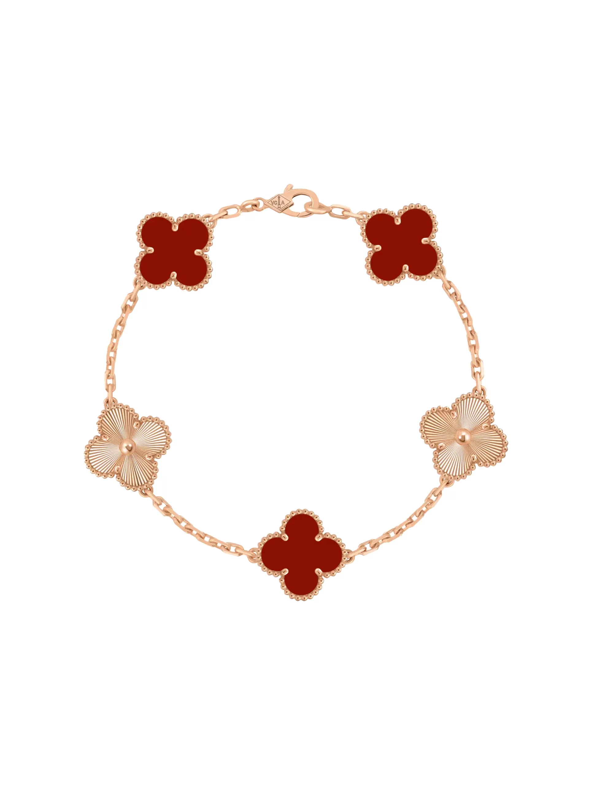 Van-Cleef-Arpels-Vintage-Alhambra-5-Motifs-Bracelet-VCARP7RP00-Pink-Gold-Carnelian-Guilloche Van-Cleef-Arpels-Vintage-Alhambra-5-Motifs-Bracelet-VCARP7RP00-Pink-Gold-Carnelian-Guilloche