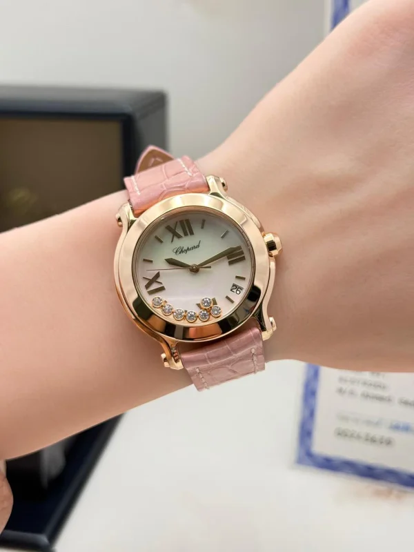 Chopard-Happy-Sport-Watch-247471-18k-Rose-Gold-Factory-Diamonds-Pink-Leather-MOP-Dial-Hand