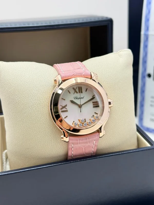 Chopard-Happy-Sport-Watch-247471-18k-Rose-Gold-Factory-Diamonds-Pink-Leather-MOP-Dial-Side