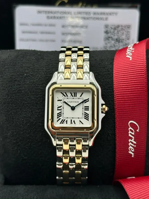 Panthere-De-Cartier-Medium-Model-Watch-18k-Yellow-Gold-Steel-Silver-Dial-Front-Box