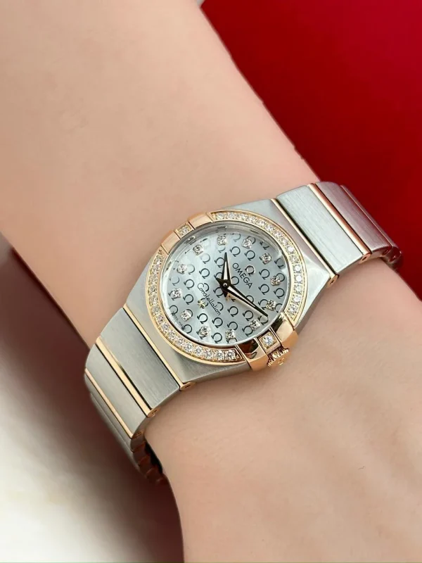 Omega-Constellation-Ladies-Watch-18k-Rose-Gold-Steel-Diamonds-Silver-Dial-27-mm