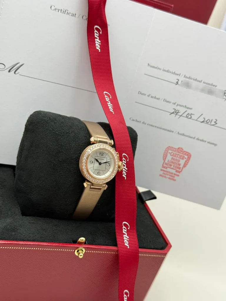 Pasha-De-Cartier-Ladies-Watch-18k-Rose-Gold-Diamonds-Satin-Strap-Silvered-Dial-Certificate