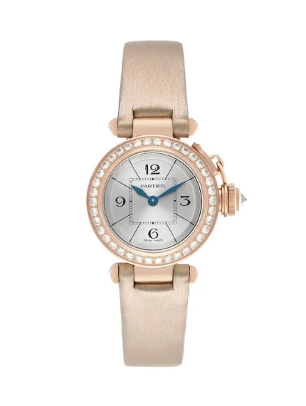 Pasha-De-Cartier-Ladies-Watch-18k-Rose-Gold-Diamonds-Satin-Strap-Silvered-Dial-Quartz