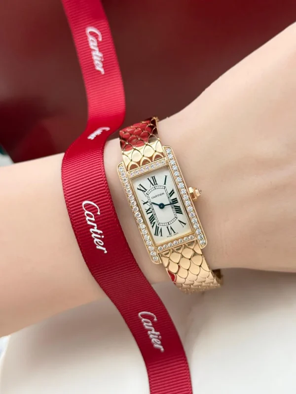 Cartier-Tank-Americaine-Rose-Gold-Watch-WB710008-Diamonds-Small-Model-Hand