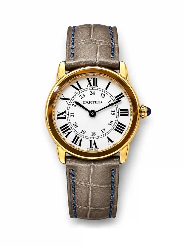 Ronde-Solo-De-Cartier-Ladies-Watch-18k-Yellow-Gold-Steel-Silver-Dial-Leather-Quartz