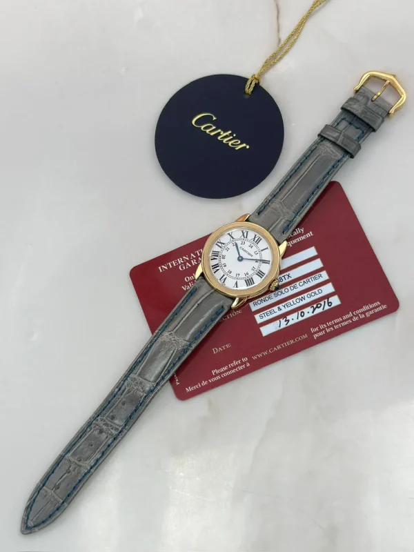Ronde-Solo-De-Cartier-Ladies-Watch-18k-Yellow-Gold-Steel-Silver-Dial-Leather-Up