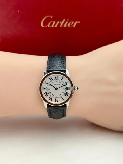 Ronde-Solo-De-Cartier-Watch-WSRN0019-Steel-Black-Leather-Authentic