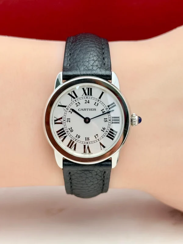 Ronde-Solo-De-Cartier-Watch-WSRN0019-Steel-Black-Leather-Silver-Dial-Front