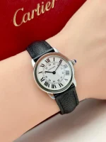 Ronde-Solo-De-Cartier-Watch-WSRN0019-Steel-Black-Leather-Silver-Dial-Hand