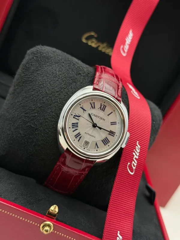 Cle-De-Cartier-Steel-Watch-Leather-Silver-Guilloche-Dial-Automatic