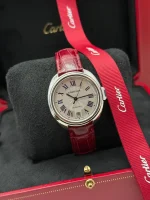 Cle-De-Cartier-Steel-Watch-Leather-Silver-Guilloche-Dial-Automatic-Box