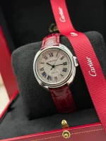 Cle-De-Cartier-Steel-Watch-Leather-Silver-Guilloche-Dial-Automatic-Original