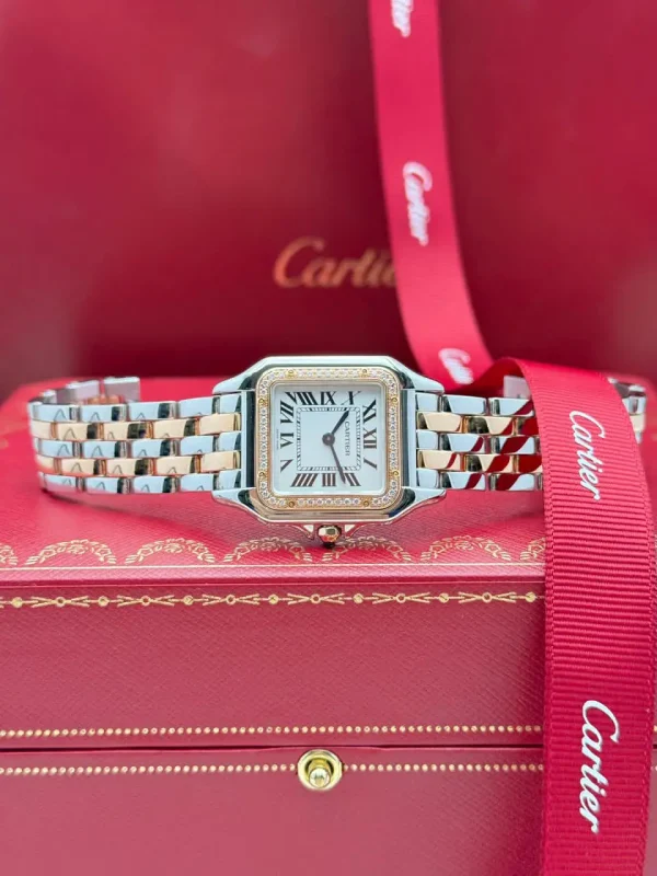 Panthere-De-Cartier-Watch-W3PN0007-Diamonds-18k-Rose-Gold-Steel-Silver-Dial-Original