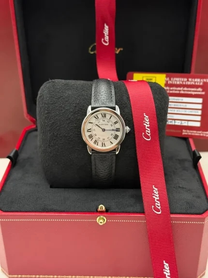 Ronde-Solo-De-Cartier-Steel-Watch-WSRN0019-Silver-Dial-Leather-Front