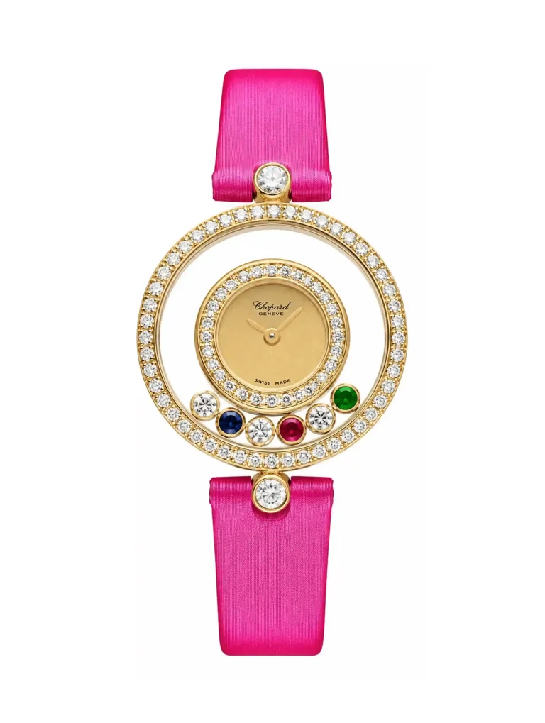 Vintage-Chopard-Happy-Diamonds-Watch-Yellow-Gold-Red-Ruby-Green-Emerald-Blue-Sapphire-Quartz