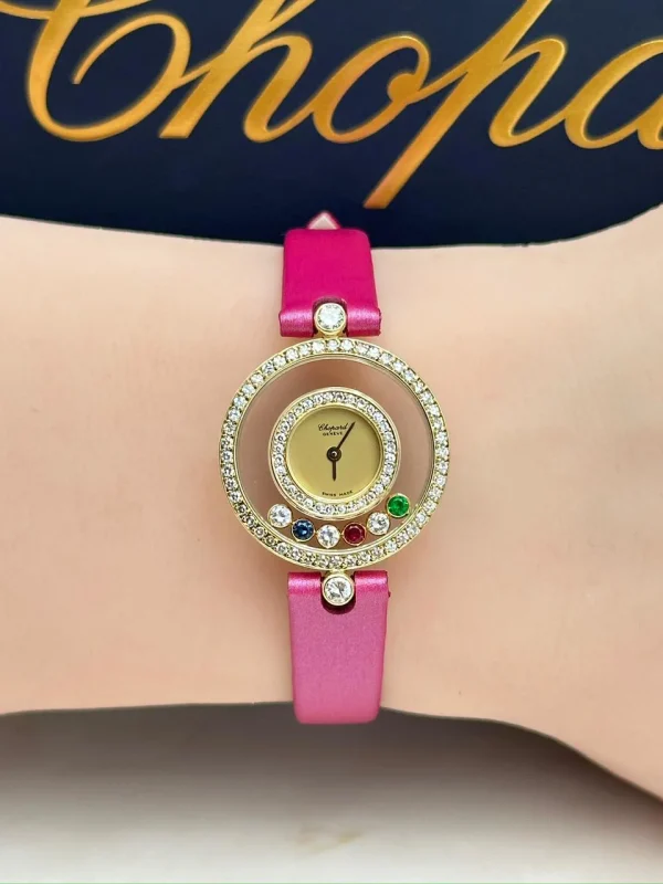 Vintage-Chopard-Happy-Diamonds-Watch-Yellow-Gold-Ruby-Emerald-Sapphire-Front
