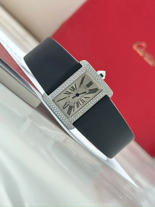 Cartier-Tank-Divan-Mini-Model-Watch-18k-White-Gold-Diamonds-Silver-Dial-Satin-Strap