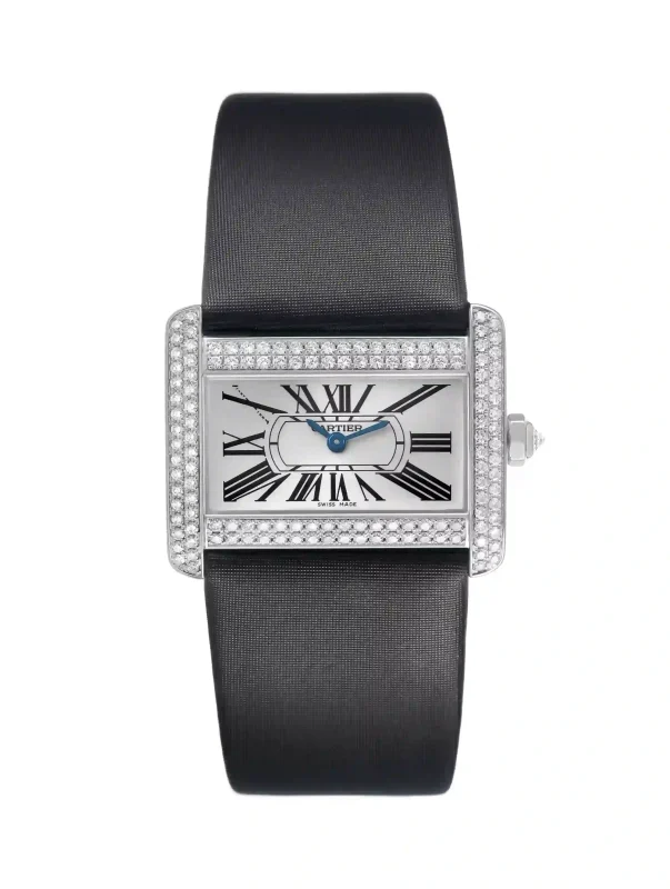 Cartier-Tank-Divan-Mini-Model-Watch-18k-White-Gold-Diamonds-Silver-Dial-Satin-Strap-Quartz