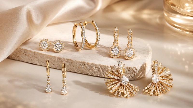 Luxury women's earrings collection with elegant gold and diamond designs