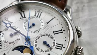 Cartier Tank watch close-up: a classic dial with Roman numerals and sub-dials