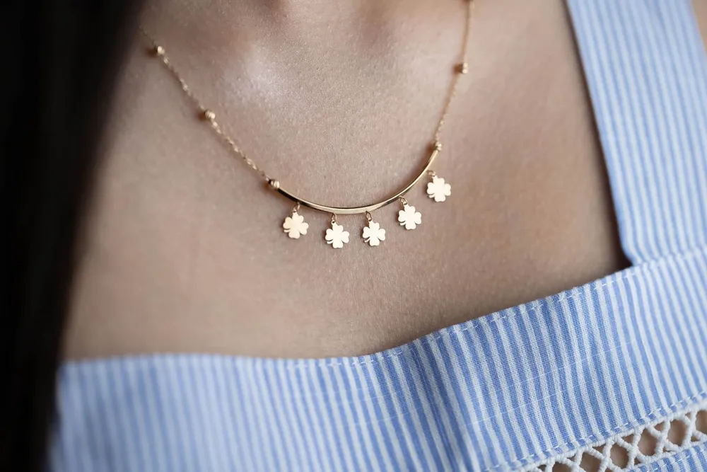 Gold clover motif necklace close up, similar in style to a vintage Alhambra necklace